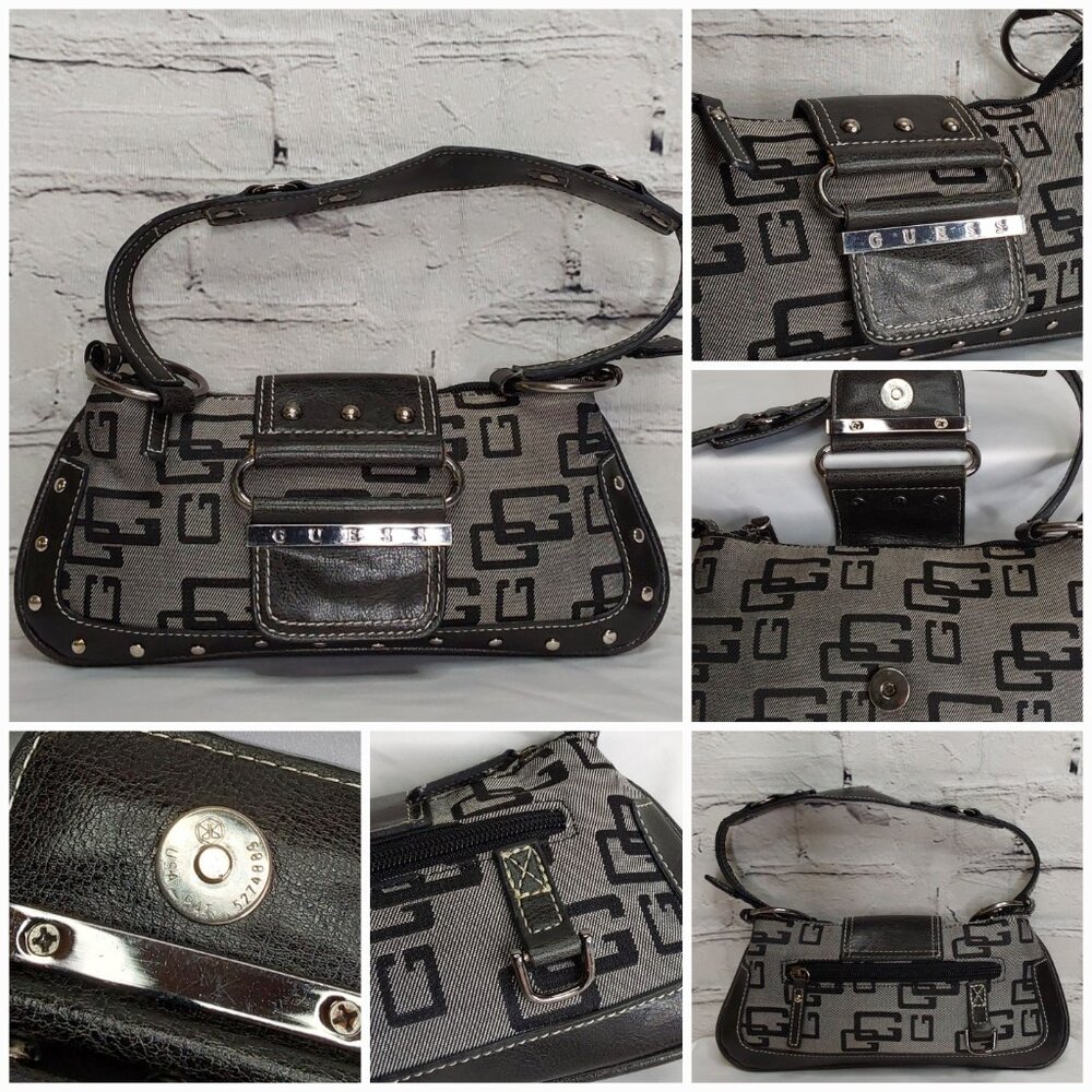 'GUESS' STUDDED MONOGRAM SHOULDER BAG SIGNATURE BIMBO BAGUETTE - Picture 14 of 16